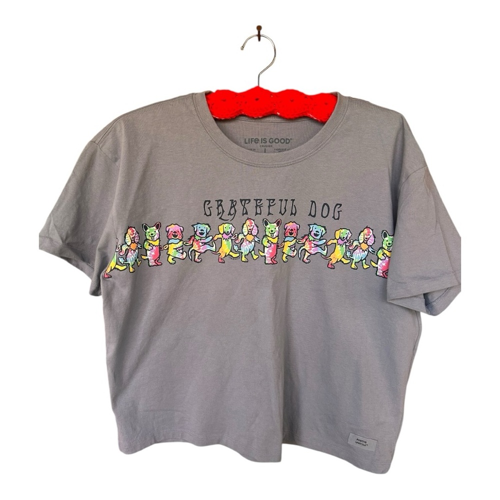 Life Is Good Light Blue Short Sleeve Tee with Colorful Grateful Dog Row - Picture 3 of 8